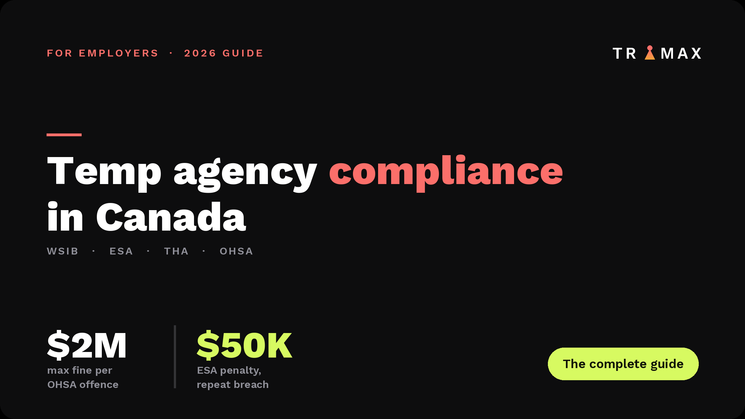 Temp agency compliance in Canada 2026: WSIB, ESA, THA and OHSA obligations, with penalties up to $2 million per OHSA offence and $50,000 ESA penalties